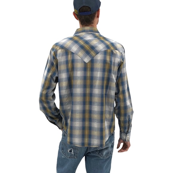 Wrangler Western Shirt Long Sleeve Button Up Pearl Snaps Blue Tan Plaid | Large - Picture 6 of 14
